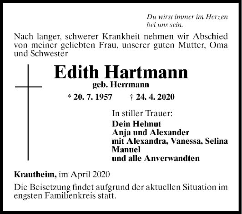  Traueranzeige für Edith Hartmann vom 04.05.2020 aus Fränkische Nachrichten