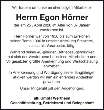 Traueranzeige von Egon Hörner von Fränkische Nachrichten