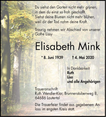 Traueranzeige von Elisabeth Mink von Bergsträßer Anzeiger