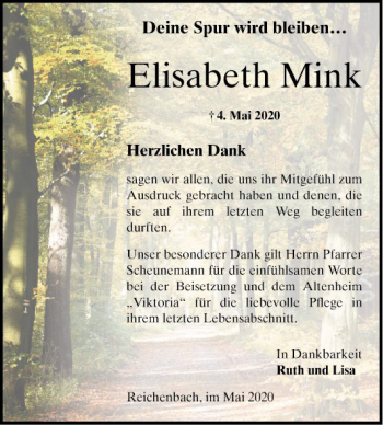 Traueranzeige von Elisabeth Mink von Bergsträßer Anzeiger