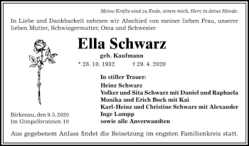 Traueranzeige von Ella Schwarz von Mannheimer Morgen