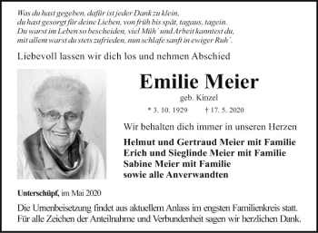 Traueranzeige von Emilie Meier von Fränkische Nachrichten