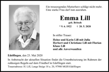 Traueranzeige von Emma Lill von Fränkische Nachrichten