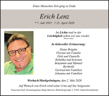 Traueranzeige von Erich Lenz von Fränkische Nachrichten