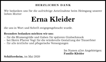 Traueranzeige von Erna Kleider von Fränkische Nachrichten