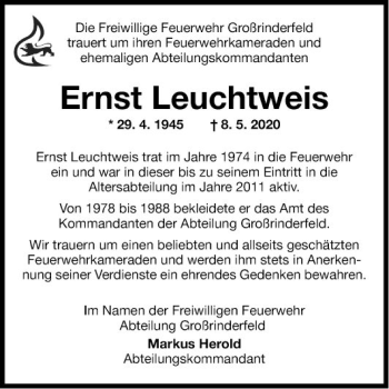 Traueranzeige von Ernst Leuchtweis von Fränkische Nachrichten