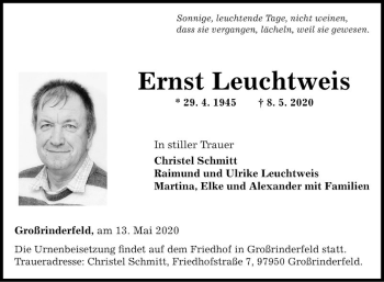 Traueranzeige von Ernst Leuchtweis von Fränkische Nachrichten