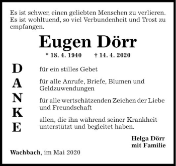 Traueranzeige von Eugen Dörr von Fränkische Nachrichten