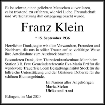 Traueranzeige von Franz Klein von Mannheimer Morgen