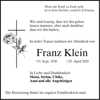 Traueranzeige von Franz Klein von Mannheimer Morgen