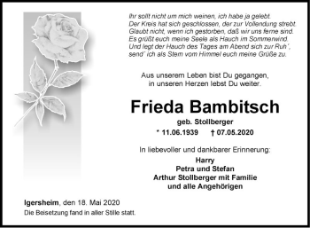 Traueranzeige von Frieda Bambitsch von Fränkische Nachrichten