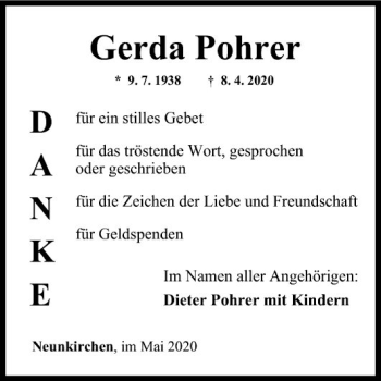 Traueranzeige von Gerda Pohrer von Fränkische Nachrichten