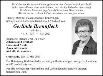 Traueranzeige von Gerlinde Brennfleck von Fränkische Nachrichten