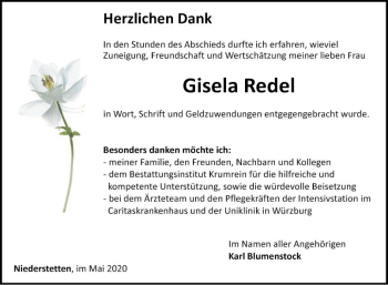 Traueranzeige von Gisela Redel von Fränkische Nachrichten