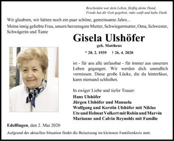 Traueranzeige von Gisela Ulshöfer von Fränkische Nachrichten