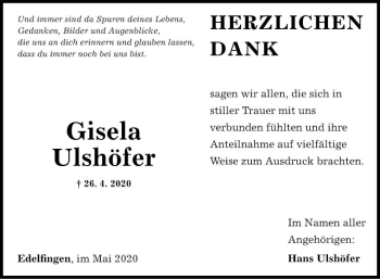 Traueranzeige von Gisela Ulshöfer von Fränkische Nachrichten