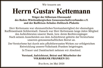 Traueranzeige von Gustav Kettemann von Fränkische Nachrichten