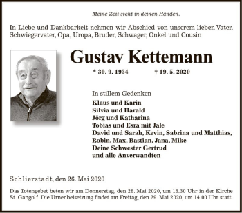 Traueranzeige von Gustav Kettemann von Fränkische Nachrichten