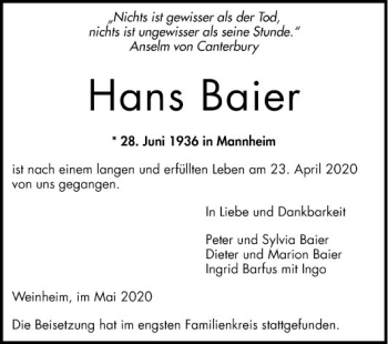 Traueranzeige von Hans Baier von Mannheimer Morgen