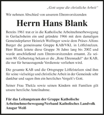 Traueranzeige von Hans Blank von Fränkische Nachrichten