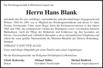 Traueranzeige von Hans Blank von Fränkische Nachrichten