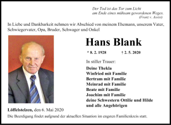 Traueranzeige von Hans Blank von Fränkische Nachrichten