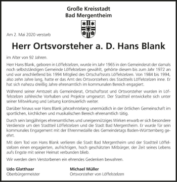 Traueranzeige von Hans Blank von Fränkische Nachrichten