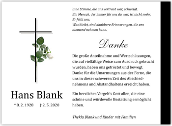 Traueranzeige von Hans Blank von Fränkische Nachrichten