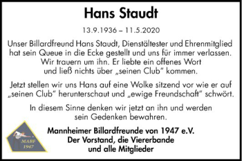 Traueranzeige von Hans Staudt von Mannheimer Morgen