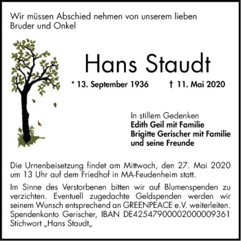 Traueranzeige von Hans Staudt von Mannheimer Morgen