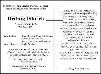 Traueranzeige von Hedwig Dittrich von Fränkische Nachrichten