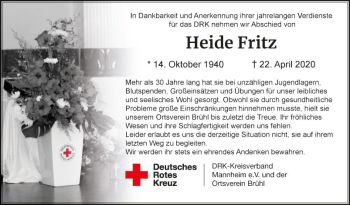 Traueranzeige von Heide Fritz von Schwetzinger Zeitung