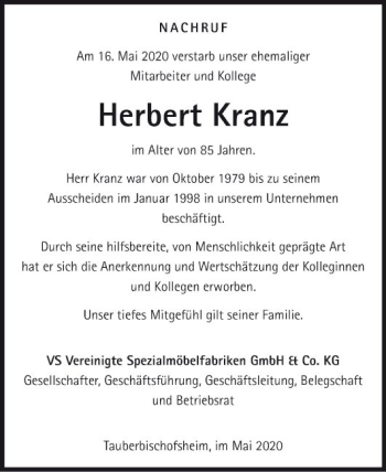 Traueranzeige von Herbert Kranz von Fränkische Nachrichten