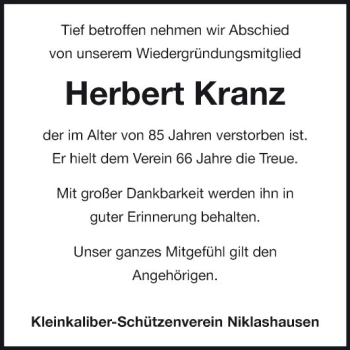 Traueranzeige von Herbert Kranz von Fränkische Nachrichten