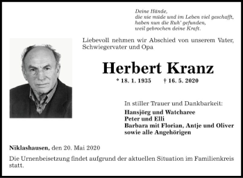 Traueranzeige von Herbert Kranz von Fränkische Nachrichten