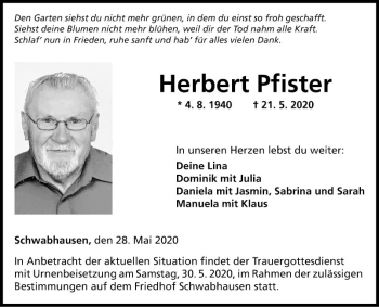 Traueranzeige von Herbert Pfister von Fränkische Nachrichten