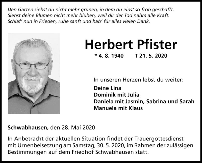  Traueranzeige für Herbert Pfister vom 28.05.2020 aus Fränkische Nachrichten