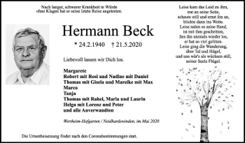 Traueranzeige von Hermann Beck von Fränkische Nachrichten