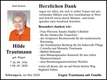 Traueranzeige von Hilde Trautmann von Fränkische Nachrichten