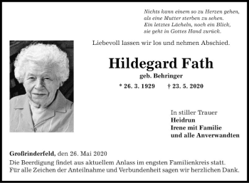 Traueranzeigen Von Hildegard Fath | Trauerportal Ihrer Tageszeitung