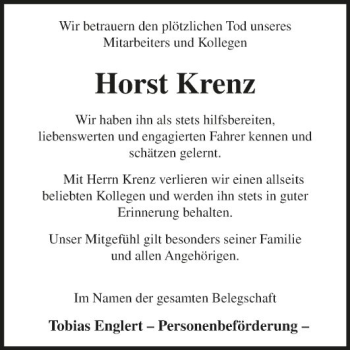 Traueranzeige von Horst Krenz von Fränkische Nachrichten