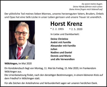 Traueranzeige von Horst Krenz von Fränkische Nachrichten