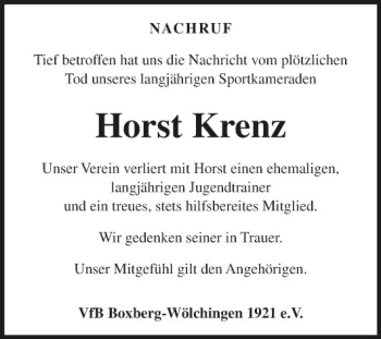 Traueranzeige von Horst Krenz von Fränkische Nachrichten