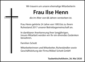 Traueranzeige von Ilse Henn von Fränkische Nachrichten