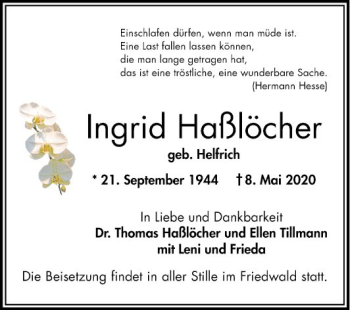 Traueranzeige von Ingrid Haßlöcher von Bergsträßer Anzeiger