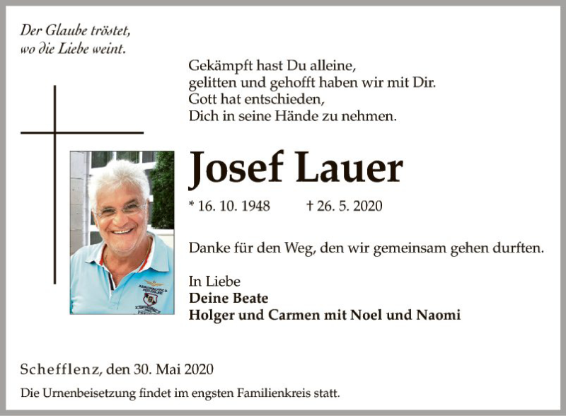  Traueranzeige für Josef Lauer vom 30.05.2020 aus Fränkische Nachrichten