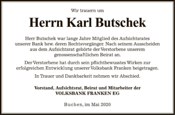 Traueranzeige von Karl Butschek von Fränkische Nachrichten