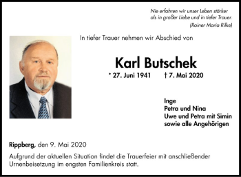 Traueranzeige von Karl Butschek von Fränkische Nachrichten