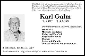 Traueranzeige von Karl Galm von Fränkische Nachrichten