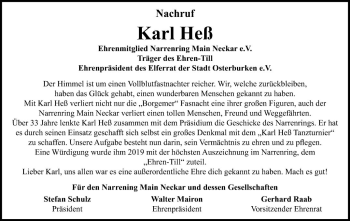 Traueranzeige von Karl Heß von Fränkische Nachrichten